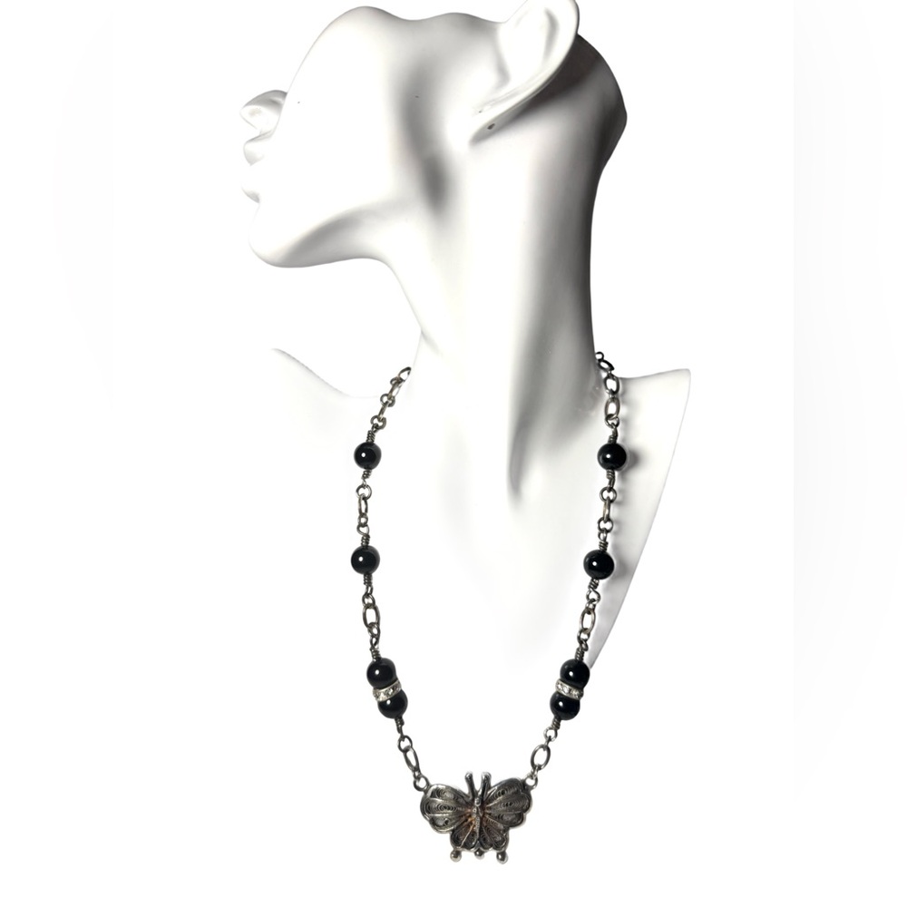 Barry Brinker 950 Sterling Silver Filigree Butterfly and Onyx Bead Necklace